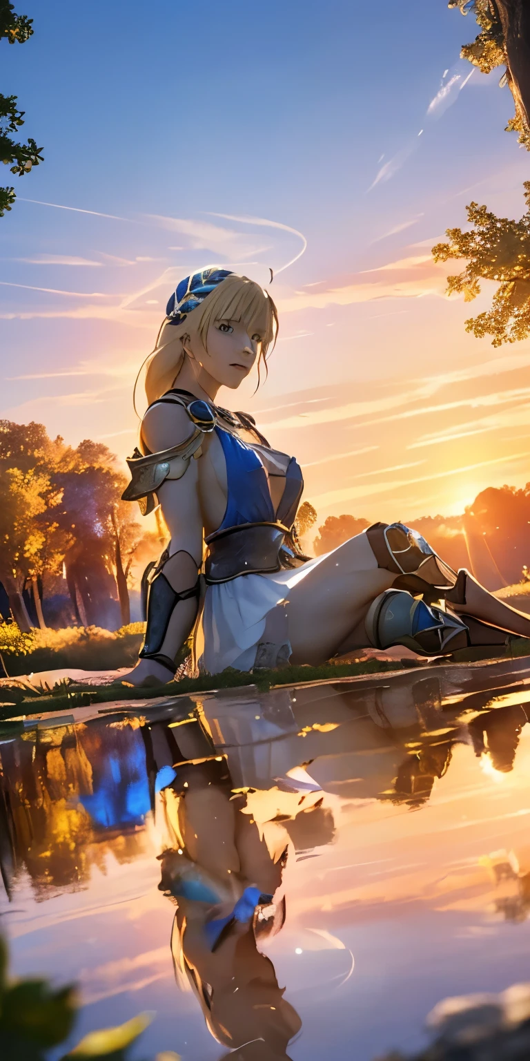 (masterpiece, best quality:1.3), Sophitia Alexandra, Soul Calibur, (cinematic angle:1.5), 28 years old, look at viewer, gold hair, braid hair, (there is a beautiful sunset with a lake and trees in the background, colorful skies, surreal colors, colorful sunset, colorful sky, marvellous reflection of the sky:1.2), (she is bathing:1.5),