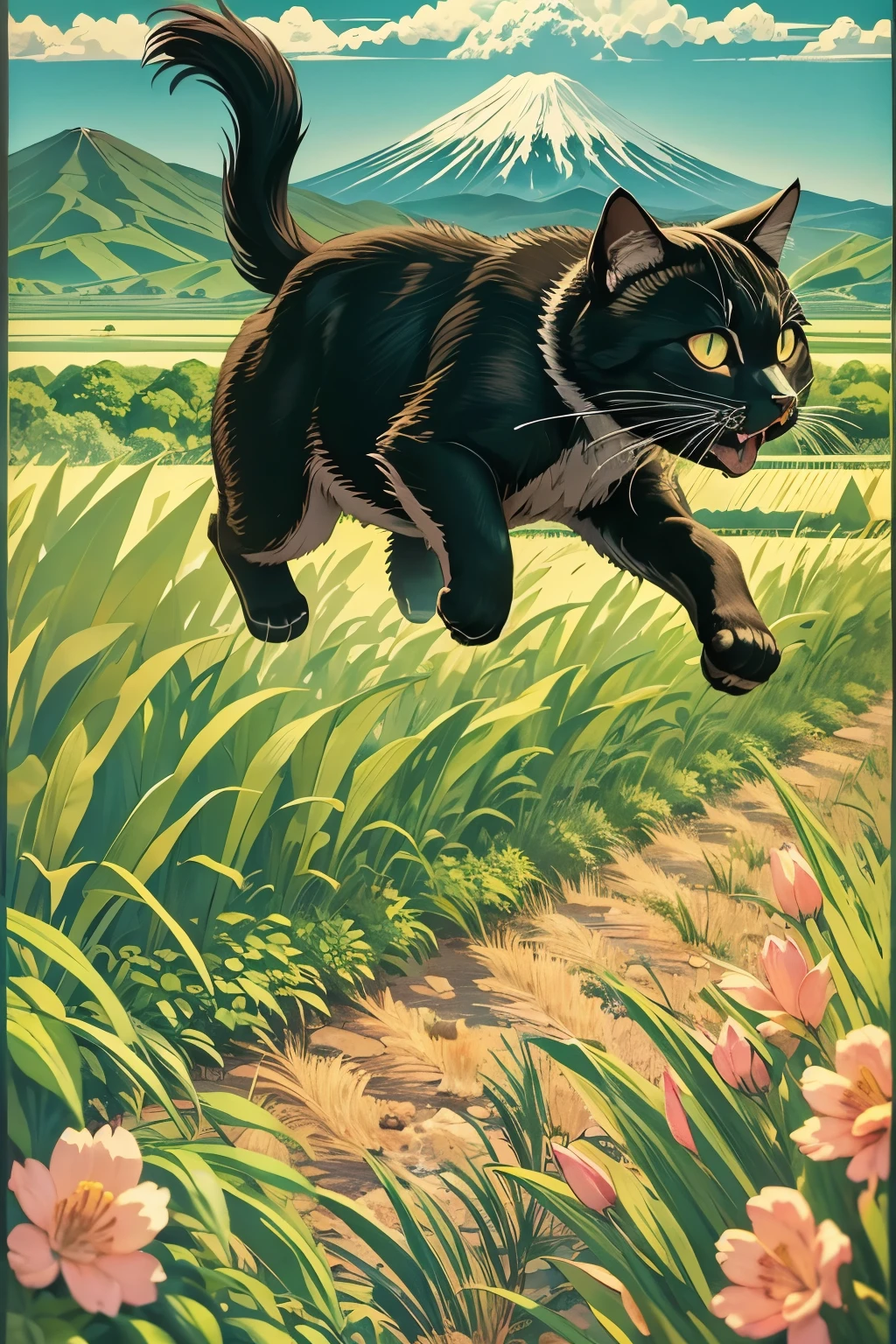 An energetic black cat leaping through a lush green rice field with Mount Fuji in the background on a bright sunny summer day.”