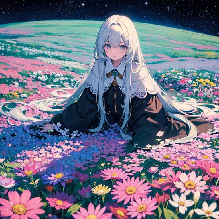 Homem deitado campo de flores escuras com poderes olhando pra camera galaxia pele branca palida cabelo longos