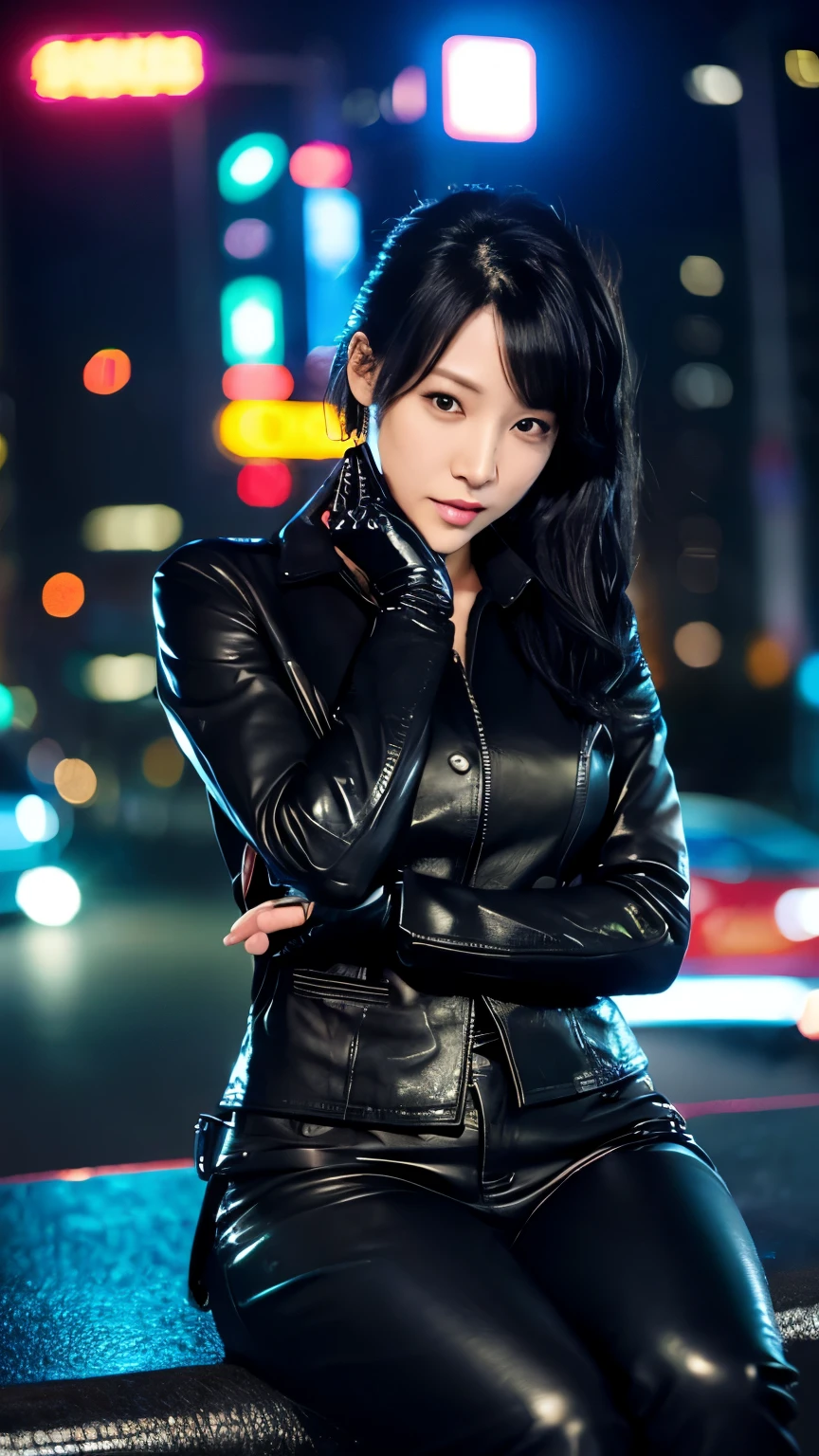 black leather rider jacket, office in the dark, Fingertips of black leather gloves on both hands,wearing black leather gloves,sitting in a black leather chair、 Japanese female new employee (black leather gloves cover both hands) (The angle is horizontal)、black leather leather pants,black leather black leather pants,black leather skinny pants、Long black leather boots on both feet、black hair ponytail ((He wears black leather gloves on his hands))full body photo,full body shot full body full body leather suit,☺If you turn in this direction。wearing black leather gloves,wearing black leather gloves,wearing black leather gloves,wearing black leather gloves,wearing black leather gloves,wearing black leather gloves,黒のレザーパンツが美しい😍黒のレザーパンツが美しい😍黒のレザーパンツが美しい,😍I'm smiling while looking at you,city lights、((Neon Cyberpunk City Street:1.3))、(neon light)、detailed lighting、
best image quality、ultra high resolution、(realism:1.4)、korean beauty star、The most beautiful KPOP stars、face、horny korean makeup、A body that makes you want to touch it、Realistic leather texture、Costume made of smooth leather fabric、The drape of the curved parts of the leather fabric、The costume has a strong shine、costume quality、8K photo quality、