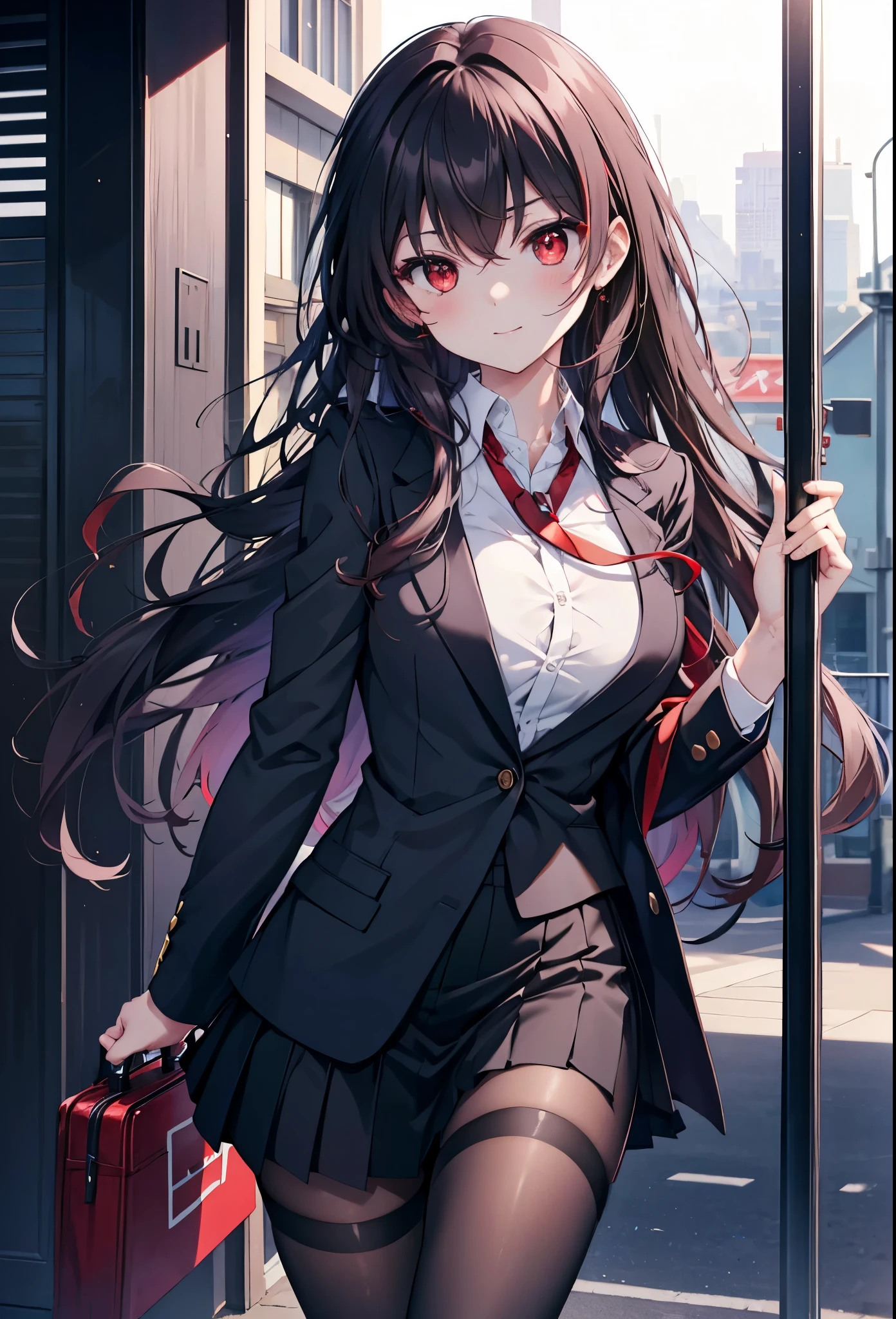 Commercial purposes, utaha kasumigaoka, black hair, White Hair Band, long hair, (red eyes:1.5),blush,happy smile, smile, open your mouth,skirt,OL, red glasses, end, black suit jacket, collared jacket, white dress shirt, collared shirt, neckline, button, strap, ID card on neck, 黒のペンシルskirt, black pantyhose,stiletto heels,morning,morning陽,the sun is rising,
break looking at viewer,whole body,(cowboy shot:1. 5)
break outdoors, building street,In town,
break (masterpiece:1.2), highest quality, High resolution, unity 8k wallpaper, (shape:0.8), (fine and beautiful eyes:1.6), highly detailed face, perfect lighting, Very detailed CG, (perfect hands, perfect anatomy),