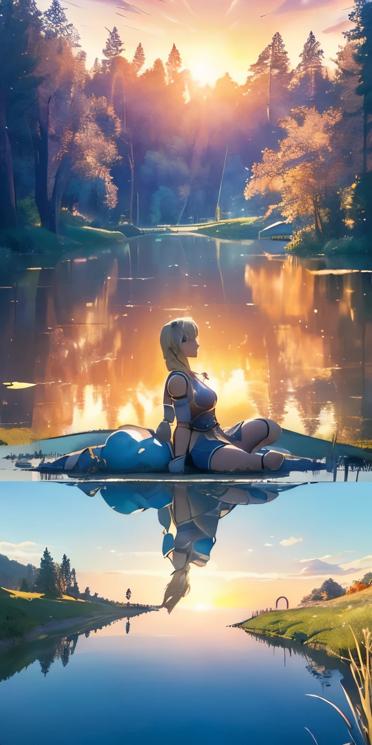 (masterpiece, best quality:1.3), Sophitia Alexandra, Soul Calibur, (upper body:1.5), 28 years old, look at viewer, gold hair, braid hair, (there is a beautiful sunset with a lake and trees in the background, colorful skies, surreal colors, colorful sunset, colorful sky, marvellous reflection of the sky:1.2), (she is bathing:1.5),