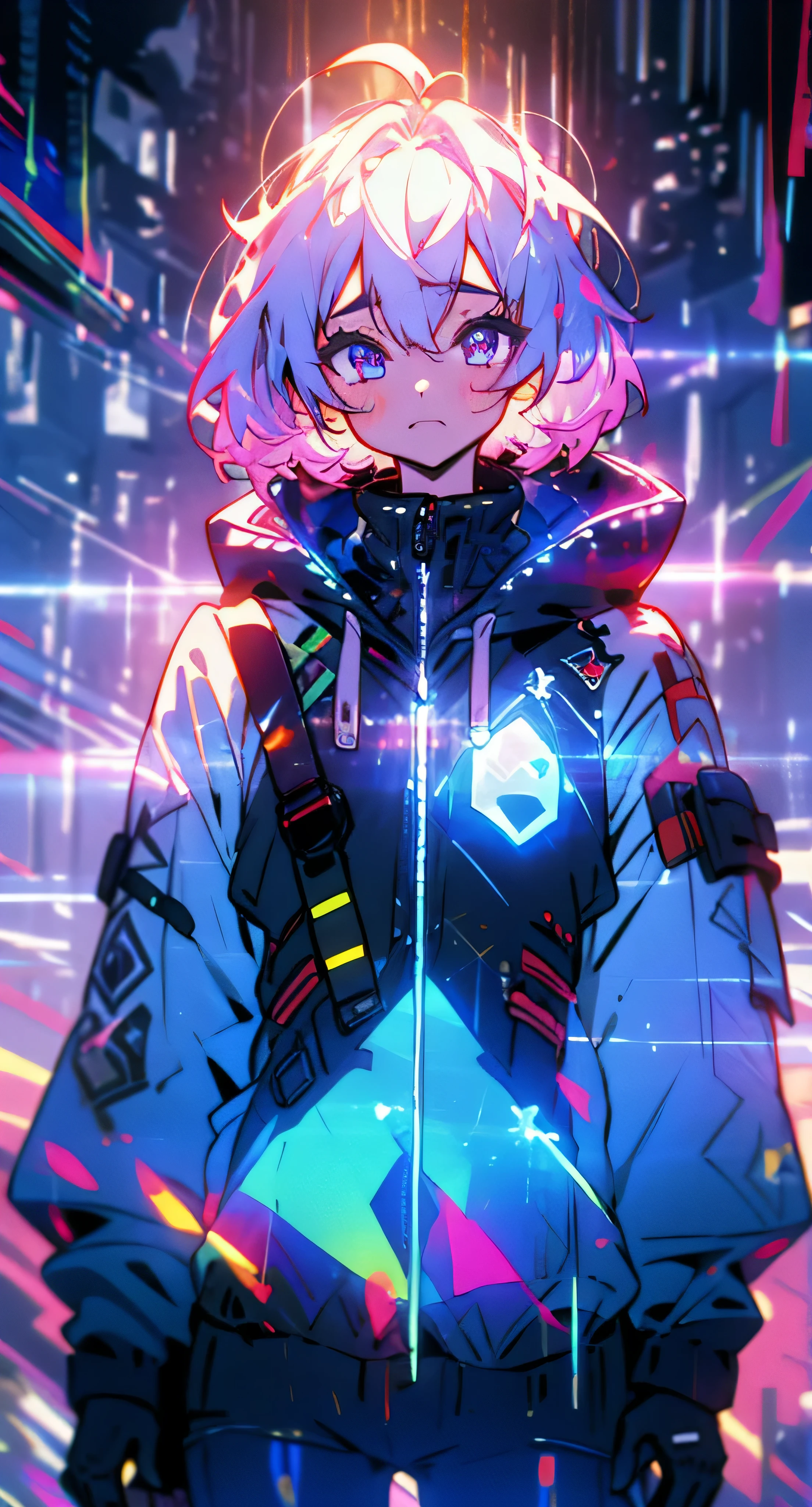 (best quality,4k,8k,highres,masterpiece:1.2), ultra-detailed, (realistic,photorealistic,photo-realistic:1.37), portrait, man, sad expression, purple glowing radiant eyes, white hair, cyberpunk hoodie and pants, neon colors, dramatic lighting, smoke, futuristic cityscape