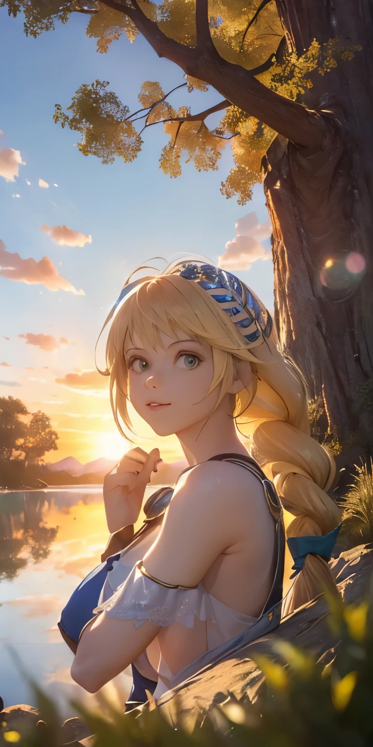 (masterpiece, best quality:1.3), Sophitia Alexandra, Soul Calibur, (upper body:1.5), 28 years old, look at viewer, gold hair, braid hair, (there is a beautiful sunset with a lake and trees in the background, colorful skies, surreal colors, colorful sunset, colorful sky, marvellous reflection of the sky:1.2), (she is bathing:1.5),