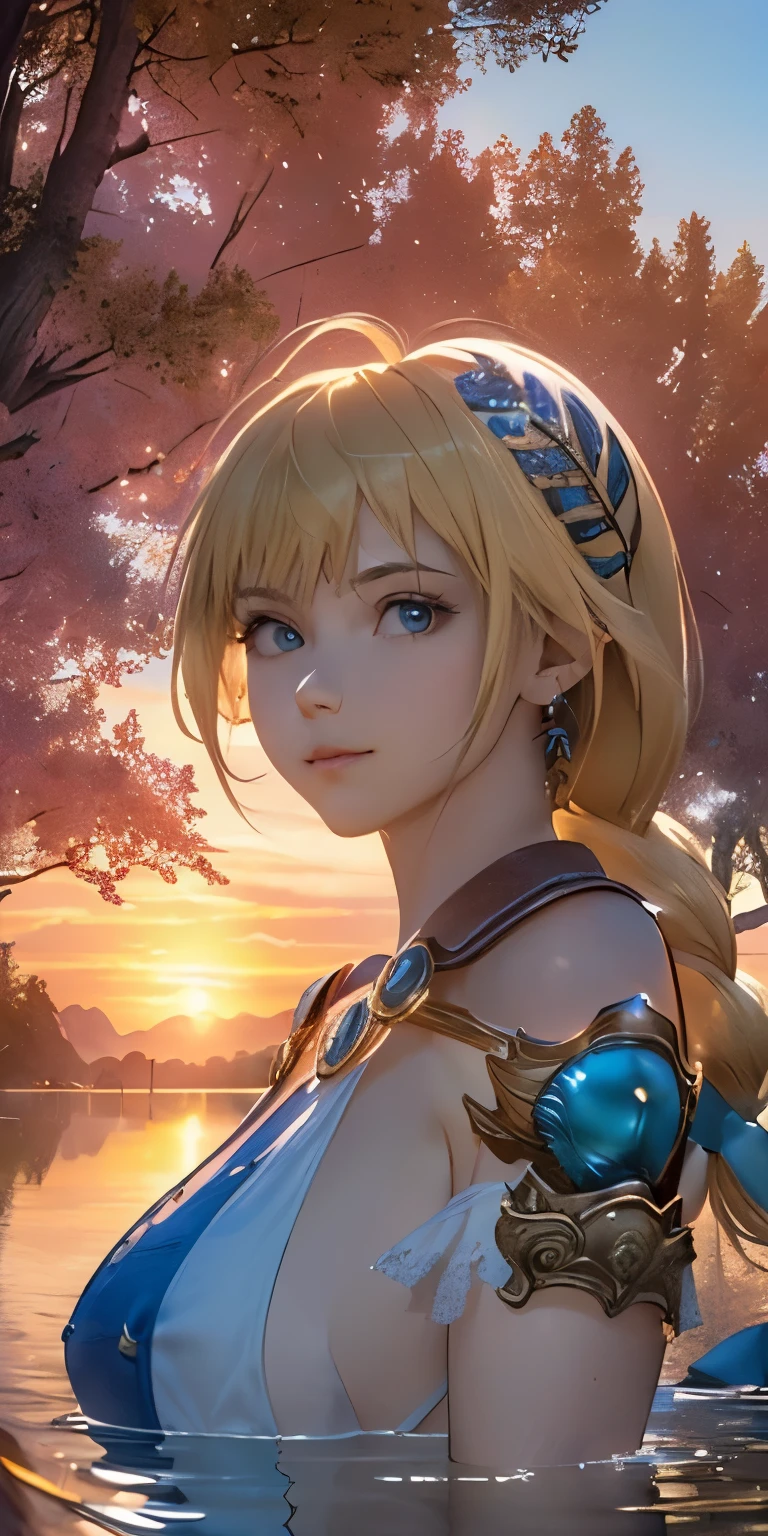 (masterpiece, best quality:1.3), Sophitia Alexandra, Soul Calibur, (upper body:1.5), 28 years old, look at viewer, gold hair, braid hair, (there is a beautiful sunset with a lake and trees in the background, colorful skies, surreal colors, colorful sunset, colorful sky, marvellous reflection of the sky:1.2), (she is bathing:1.5),