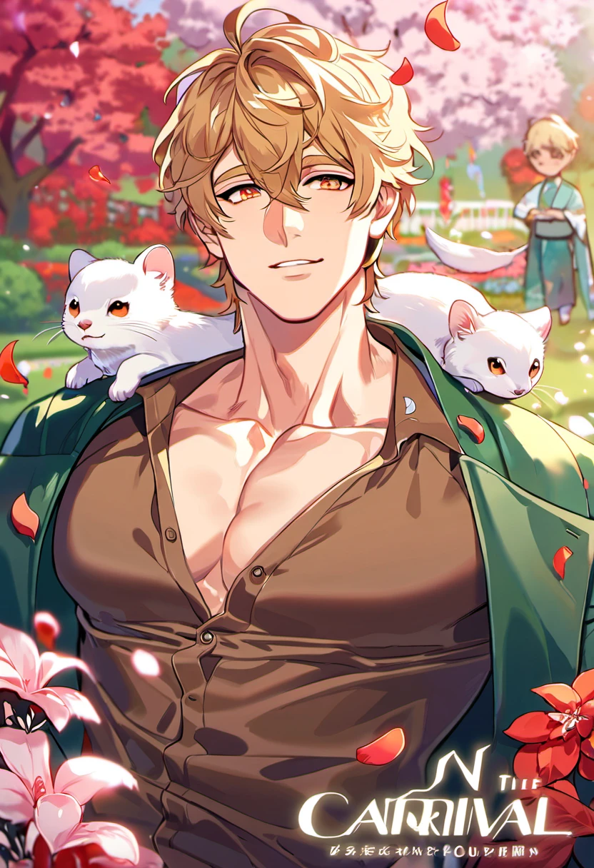 absurdres, highres, ultra detailed, HDR, masterpiece, Quincy, blond messy short hair, hair between the eyes, expressive orange eyes, Nu Carnival, brown shirt, green jacket, showing the toned chest, cute white ferret on the shoulder, designed with decorations such as red leaves, blossoms and birds, 1man, handsome, garden, petals