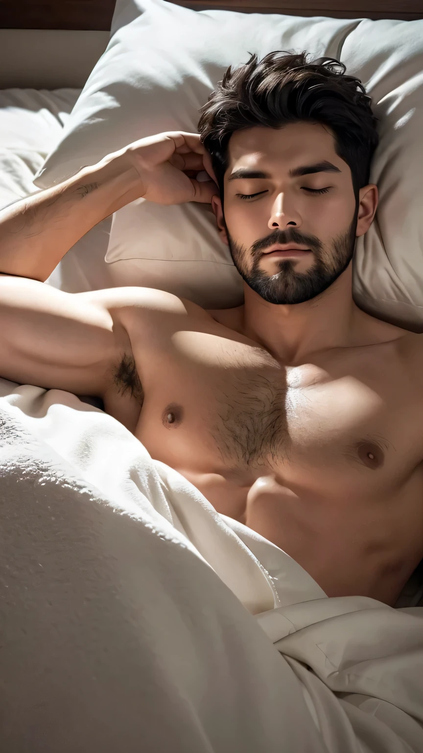 A sexy naked man ,black hair, short beard, sleeping in a bed, relaxed expression, closed eyes,deep sleep, nsfw,detailed face,detailed body,(erection), aerial view, pillows and blanket, make it look like a movie scene, and more artistic,like he was covered with a blanket but now the blanket has fallen off of him to reveal his awesome penis