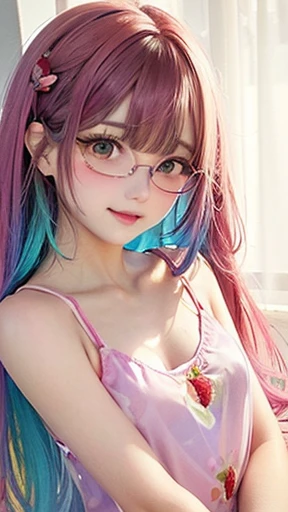 small face、 (alone:1.5,)Super detailed,bright colors, very beautiful detailed anime face and eyes, look straight, shiny_skin,girl, (((rainbow colored hair, colorful hair, Half red、Half golden hair: 1.2))), 、shiny hair, delicate beautiful face, blush、Glasses、(turquoise eyes), , Valletta, earrings,、flower garden、sunset、(((See-through、Strawberry pattern、sexy、race、Satin camisole、pink color、,Translucent shirt)))、(twin tails)、smile、happy face、face dyed red、cheerful pose、dynamic、
