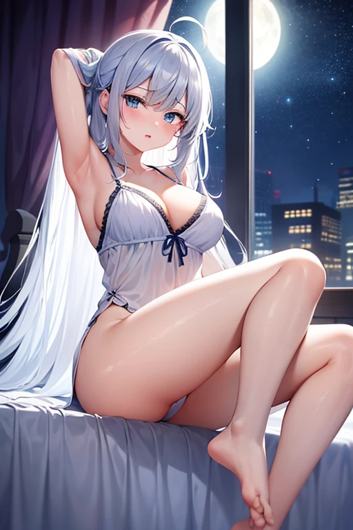 long White hair, blue eyes, 16 years, inocent Russian girl, wearing a long nightgown, sleepy face, Spread armpit, in the bed,facing the window with the moon and stars shining