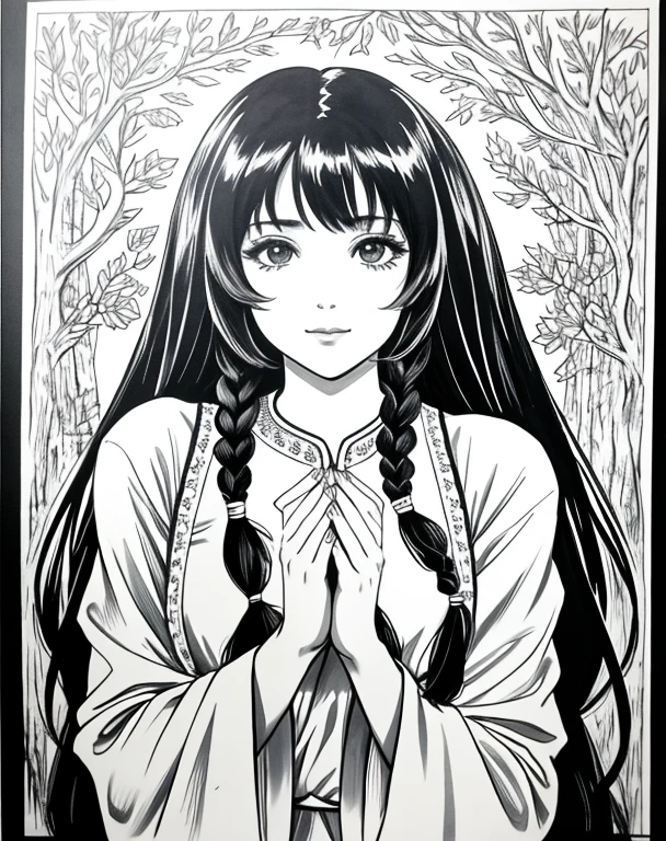 Lynn Minmay, 1 garota, Sozinho, monochrome, braid, olhando para o espectador, vestir, cabelo longo, Traditional media, assinatura, franja, inventar, own hands together, cabelo preto, tronco, batom, furar cabelo, nome do artista, twin braids, manoplas de noiva, sem mangas