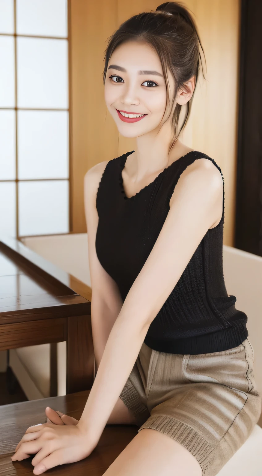 ((highest quality、8K、masterpiece:1.3))、1 girl、lazy smile、Full body Esbian、slim face、Beautiful woman、( Block check knit top :1.1) ,(dark brown hair) 、ponytail、Shorts 1.1、valley、fine eyes、double eyelid、blurred background、slim face、look down、inside the room、 table、Eat sushi、