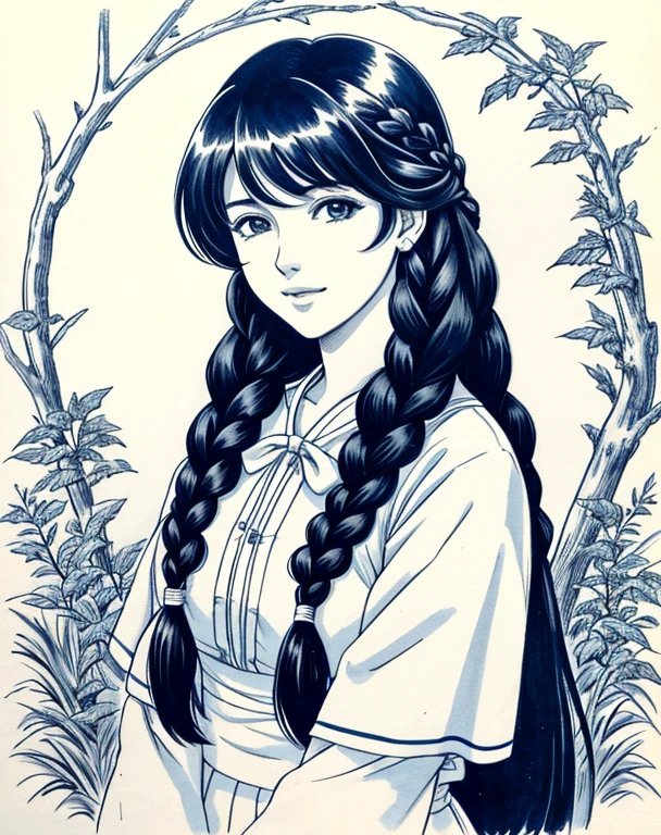 Lynn Minmay, 1 garota, Sozinho, monochrome, braid, olhando para o espectador, vestir, cabelo longo, Traditional media, assinatura, franja, inventar, own hands together, cabelo preto, tronco, batom, furar cabelo, nome do artista, twin braids, manoplas de noiva, sem mangas
