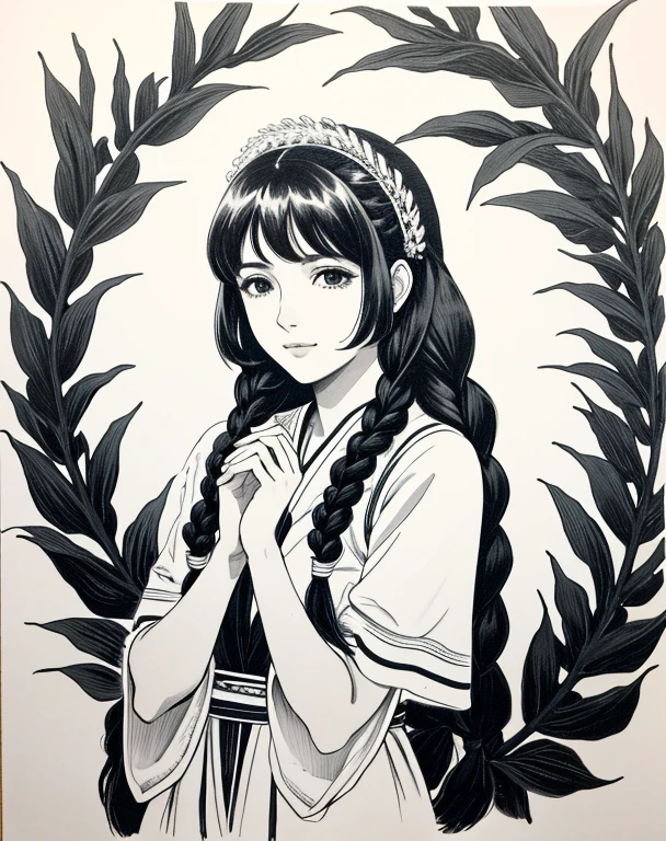 Lynn Minmay, 1 garota, Sozinho, monochrome, braid, olhando para o espectador, vestir, cabelo longo, Traditional media, assinatura, franja, inventar, own hands together, cabelo preto, tronco, batom, furar cabelo, nome do artista, twin braids, manoplas de noiva, sem mangas