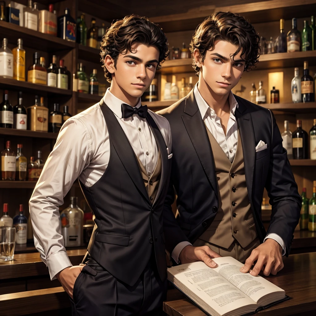 a -yeld bogood person, tan short black curly hair, hair covering the ears, bright Hazel eyes, bartender, pistol, gun, kind, suit, formal clothes, fully dressed, shirt on, with muscles, attractive, prince, medieval, sly, charming