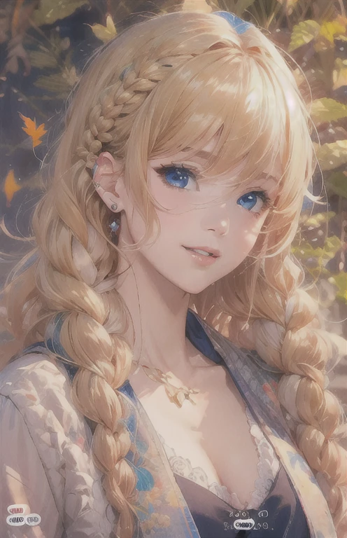 masterpiece、highest quality、High resolution、high quality images、8K, 1 female、skin luster、Texture of skin and clothing、Expression of fine eyes、Shiny bright golden hair,girl with braids, Manga inspired by Lee Jong-suk, trending on deviantart, realism, Detailed manga style, Manga art style, Perfect Line Drawing, beautiful line drawing, digital manga art girl, K-POPアイドル, beautiful blue eyes, plump lips, Detailed gorgeous face, (cute smile), charm, innocent, Side view, (perfectly detailed face), (fine hands) photorealistic images, Depth of written boundary, Princess hairstyle, Bangs are parted , Corolla on the head , Loose, lightweight knitwear、Shoulder knitwear , show your shoulders , I can see the cleavage , autumn leaves , autumn leaves ,美しいautumn leaves,romanticism,