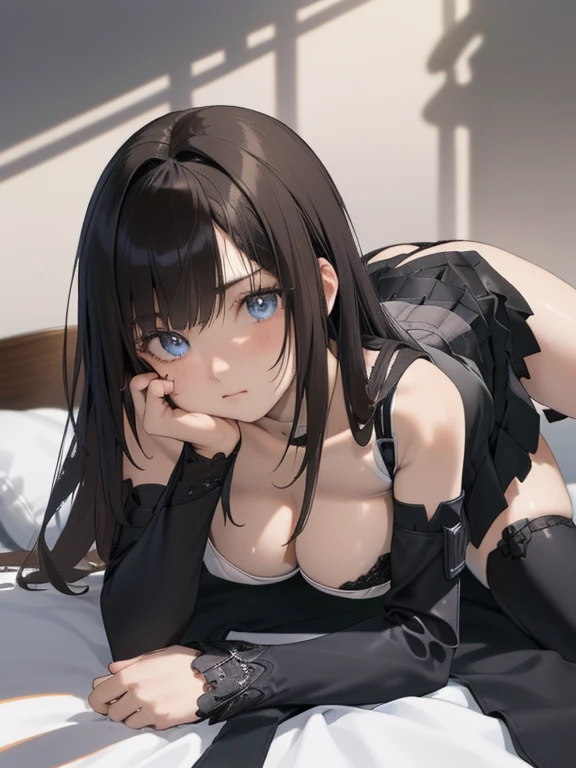 (Make the subject look three-dimensional with the contrast of light and shadow),Cute and beautiful 22yo girl,(masterpiece:1.2), best quality, high resolution, unity 8k wallpaper, (illustration:0.8), (beautiful detailed eyes:1.6), extremely detailed face, perfect lighting, extremely detailed CG, (perfect hands, perfect anatomy),Brown hair,watching at viewers,black suspenders,(Bulging ,big breasts:1.1),Black miniskirt,garters,Gaze,Small face,bangss,holster,Belt Armament,Beautuful Women srestrained,hands up,Lying in bed,Leg holster ,lying on the bed,Gaze,black boots,panty shot