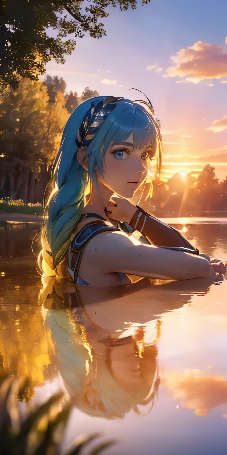 (masterpiece, best quality:1.3), Sophitia Alexandra, Soul Calibur, (upper body:1.5), 28 years old, look at viewer, gold hair, braid hair, (there is a beautiful sunset with a lake and trees in the background, colorful skies, surreal colors, colorful sunset, colorful sky, marvellous reflection of the sky:1.2), (she is bathing:1.5),