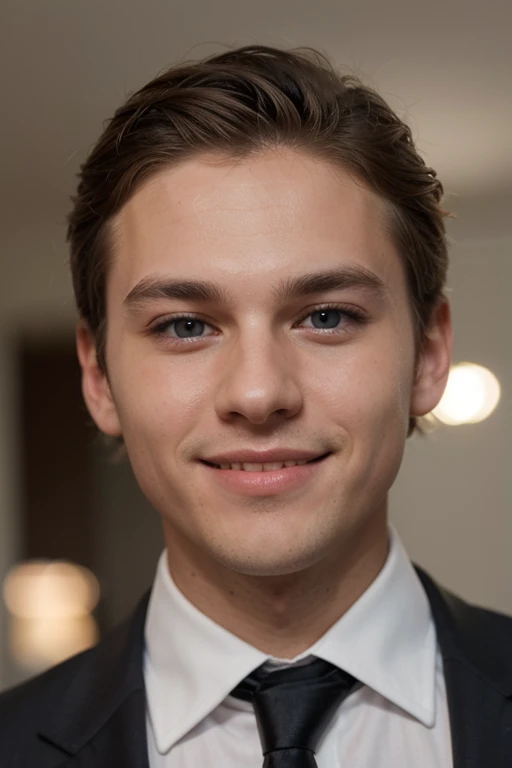Man in his late twenties, short blond hair, attractive smile, charming blue eyes, wearing a formal suit, modern appearance, good lighting.