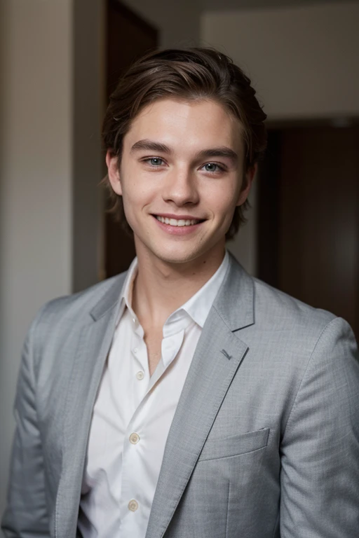 Man in his late twenties, short blond hair, attractive smile, charming blue eyes, wearing a formal suit, modern appearance, good lighting. 