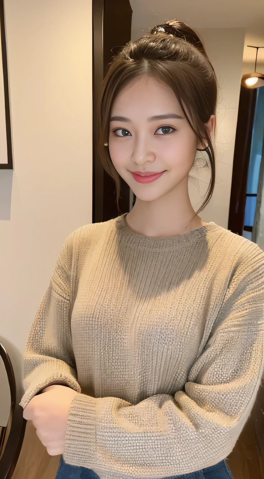 ((highest quality、8K、masterpiece:1.3))、1 girl、lazy smile、Full body Esbian、slim face、Beautiful woman、( Block check knit top :1.1) ,(dark brown hair) 、ponytail、Shorts 1.1、valley、fine eyes、double eyelid、blurred background、slim face、look down、inside the room、 table、Eat sushi、