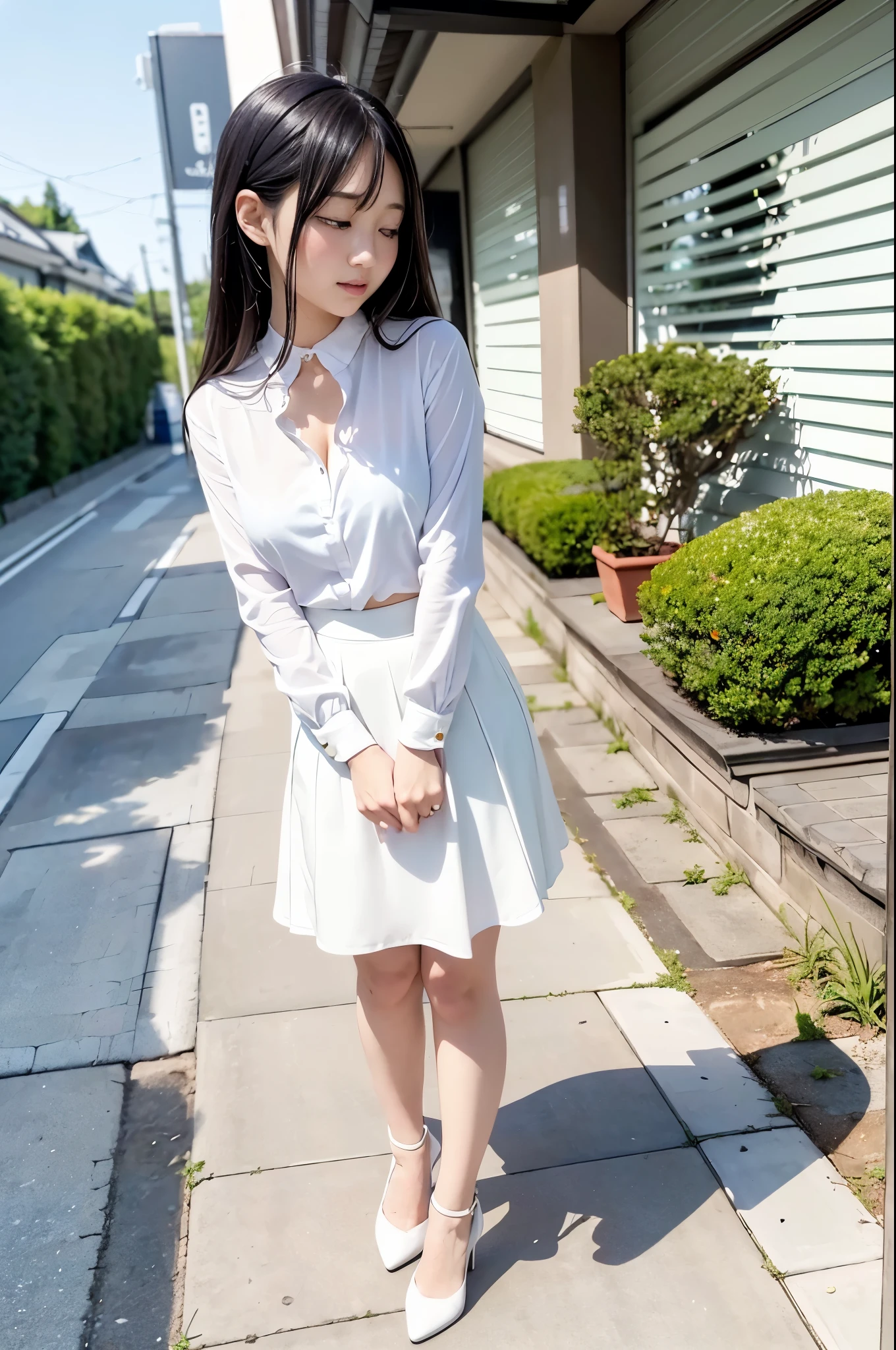 1 Japanese girl,standing,blushing and embarrassed face,summer casual style,white blouse,white flare skirt,white choker,white high heels,((Full body:1.2,Voyeur from the side:1.2)),slim body shape,from below,realistic,best quality,ultra-detailed,high resolution,beautiful white skin,looking at another,flooring room