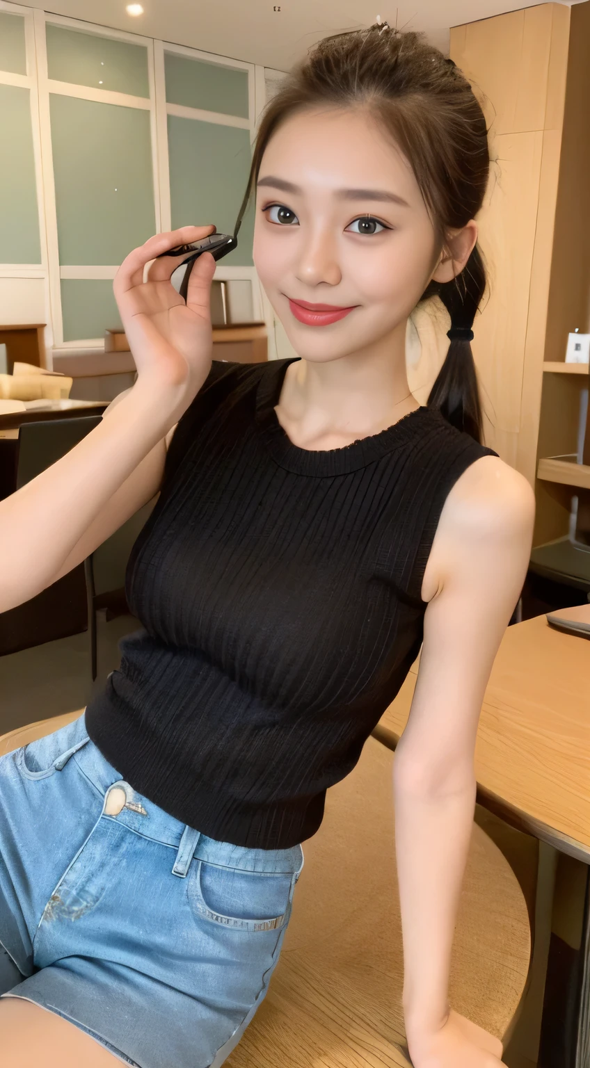 ((highest quality、8K、masterpiece:1.3))、1 girl、lazy smile、Full body Esbian、slim face、Beautiful woman、( Block check knit top :1.1) ,(dark brown hair) 、ponytail、Shorts 1.1、valley、fine eyes、double eyelid、blurred background、slim face、look down、inside the room、 table、Eat sushi、