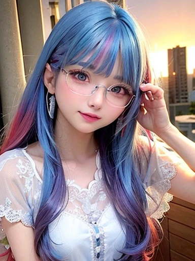 small face、 )Super detailed,bright colors, very beautiful detailed anime face and eyes, look straight,  shiny_skin,girl, (((rainbow colored hair, colorful hair, Half blue、half red hair: 1.2))), 、shiny hair, delicate beautiful face, blush、Glasses、(turquoise eyes), , Valletta, earrings,、（(flower garden、sunset、luxury hotel)）、((silver、translucent、short sleeve、Floral、Lace blouse))、（twin tails）、（drunk、smile、sleepy face、Smile）、cheerful pose、dynamic、Upper body、