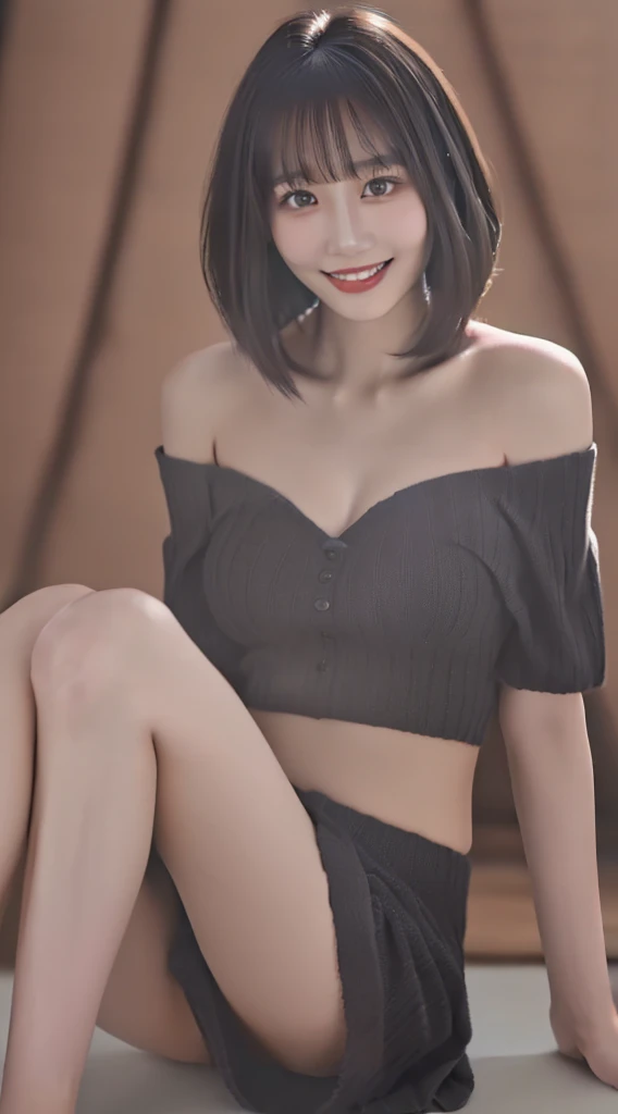 1 girl, waist up, smile, (best quality, masterpiece, ultra detailed, ultra high res, photorealistic, raw photo, absurdres, absolutely resolution:1.5)shiny hair,black heir,short bob heir,blunt bangs,cute face,pearfect body,Knitted off shoulder top,looking through legs,natural background