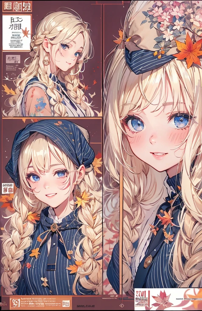 masterpiece、highest quality、High resolution、high quality images、8K, 1 female、skin luster、Texture of skin and clothing、Expression of fine eyes、Shiny bright golden hair,Girl with braids, Manga inspired by Lee Jong-suk, trending on deviantart, realism, Detailed manga style, Manga art style, Perfect Line Drawing, beautiful line drawing, digital manga art girl, K-POPアイドル, beautiful blue eyes, plump lips, Detailed gorgeous face, (cute smile), charm, innocent, Side view, (perfectly detailed face), (fine hands) photorealistic images, Depth of written boundary, Princess hairstyle, Bangs are parted , Corolla on the head , Loose, lightweight knitwear、Shoulder knitwear , show your shoulders , I can see the cleavage , autumn leaves , autumn leaves ，美しいautumn leaves，romanticism,