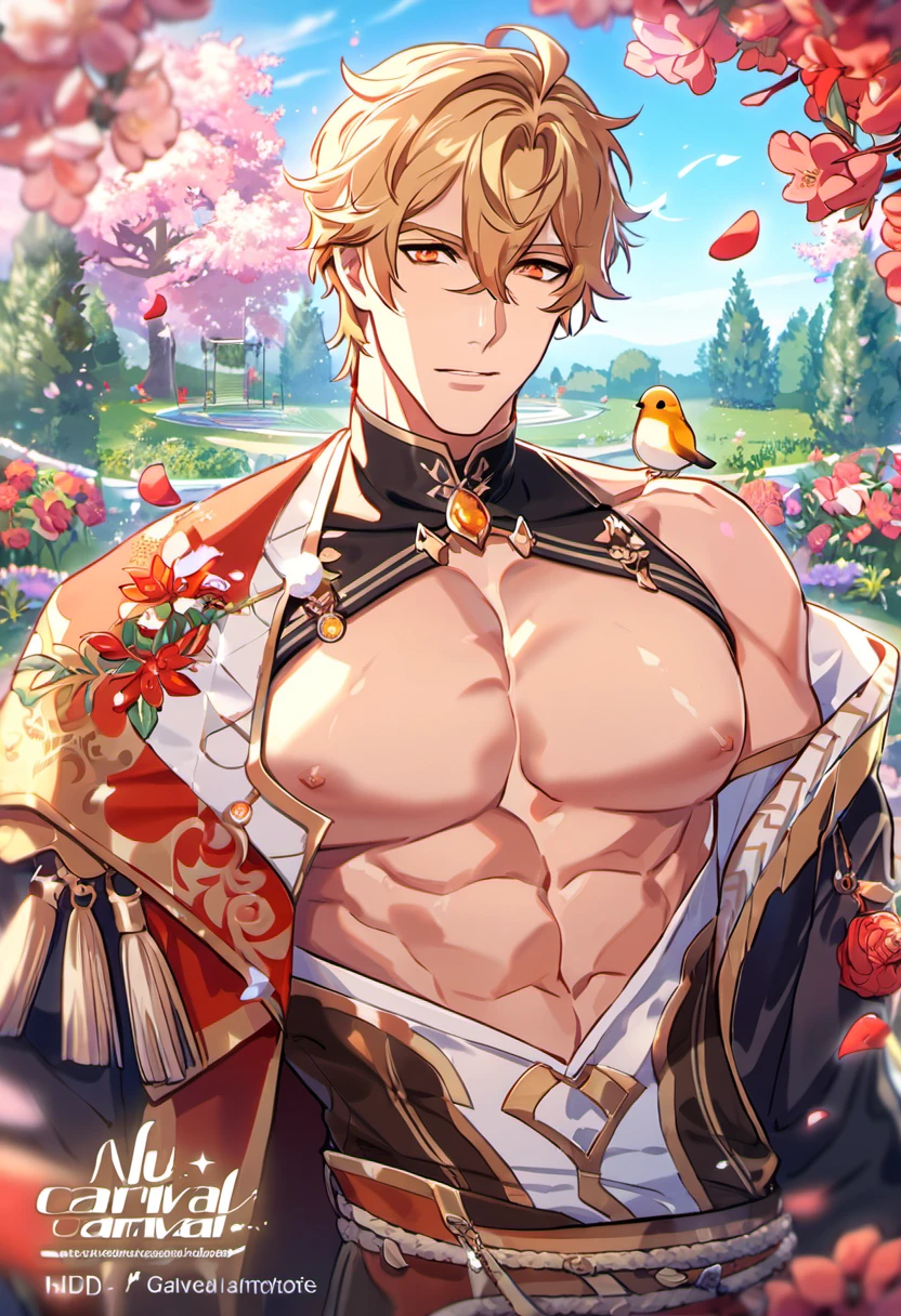 absurdres, highres, ultra detailed, HDR, masterpiece, Quincy, blond messy short hair, hair between the eyes, expressive orange eyes, Nu Carnival, black fantasy clothes, showing the toned chest, designed with decorations such as red leaves, blossoms and birds, 1man, handsome, garden, petals