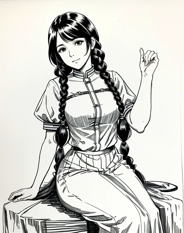 Lynn Minmay, 1 garota, Sozinho, monochrome, braid, olhando para o espectador, vestir, cabelo longo, Traditional media, assinatura, franja, inventar, own hands lift skirt,expor calcinha , cabelo preto, tronco, batom, furar cabelo, nome do artista, twin braids, manoplas de noiva, sem mangas