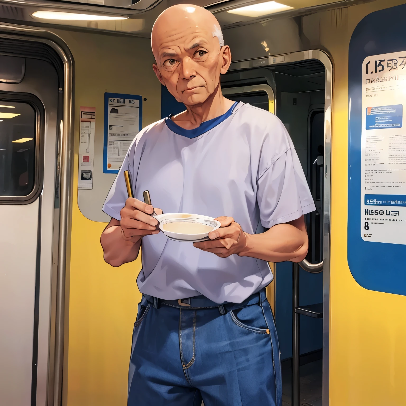 Man, old, casual clothing, age 70, standing on the train, tanned skin, almost bald, thin from old age, old man's clothes