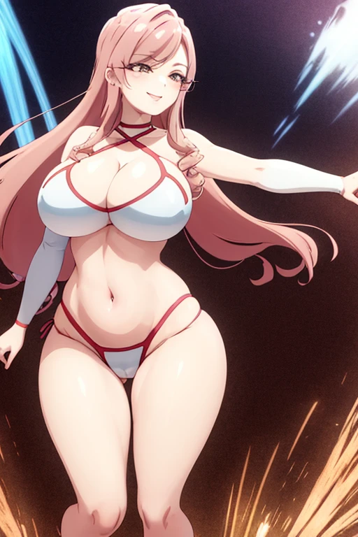 masterpiece, best quality, beautiful art, high resolution, well formed hands, body and fingers, 1 woman, solo, Hahari Hanazono, adult, big breasted, cleavage, wearing a Tyris Flare outfit, full body, sexy and skimpy bikini, gorgeous legs and thighs , dancing seductively and erotically, turning backwards and forwards, showing her back and front, showing her butt,  t -back, smiling joyfully, looking at the viewer, flirting, beach environment 