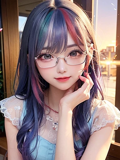 small face、 Glasses、Super detailed,bright colors, very beautiful detailed anime face and eyes, look straight,  shiny_skin,girl, (((rainbow colored hair, colorful hair, Half blue、half red hair: 1.2))), 、shiny hair, delicate beautiful face, blush、Glasses、(turquoise eyes), , Valletta, earrings,、（(flower garden、sunset、luxury hotel)）、((silver、translucent、short sleeve、Floral、Lace blouse))、（twin tails）、（smile、happy face、face dyed red）、cheerful pose、dynamic、Upper body、