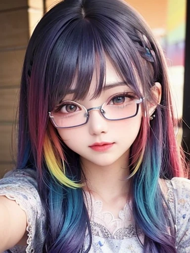 small face、 Glasses、Super detailed,bright colors, very beautiful detailed anime face and eyes, look straight, shiny_skin,girl, (((rainbow colored hair, colorful hair, Half blue、half red hair: 1.2))), 、shiny hair, delicate beautiful face, blush、Glasses、(turquoise eyes), , Valletta, earrings,、((flower garden、sunset、luxury hotel))、((silver、translucent、short sleeve、Floral、Lace blouse))、(twin tails)、(smile、happy face、face dyed red)、cheerful pose、dynamic、Upper body、