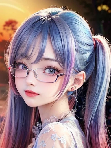 small face、 Glasses、Super detailed,bright colors, very beautiful detailed anime face and eyes, look straight, shiny_skin,girl, (((rainbow colored hair, colorful hair, Half blue、half red hair: 1.2))), 、shiny hair, delicate beautiful face, blush、Glasses、(turquoise eyes), , Valletta, earrings,、((flower garden、sunset、luxury hotel))、((silver、translucent、short sleeve、Floral、Lace blouse))、(twin tails)、(smile、happy face、face dyed red)、cheerful pose、dynamic、Upper body、