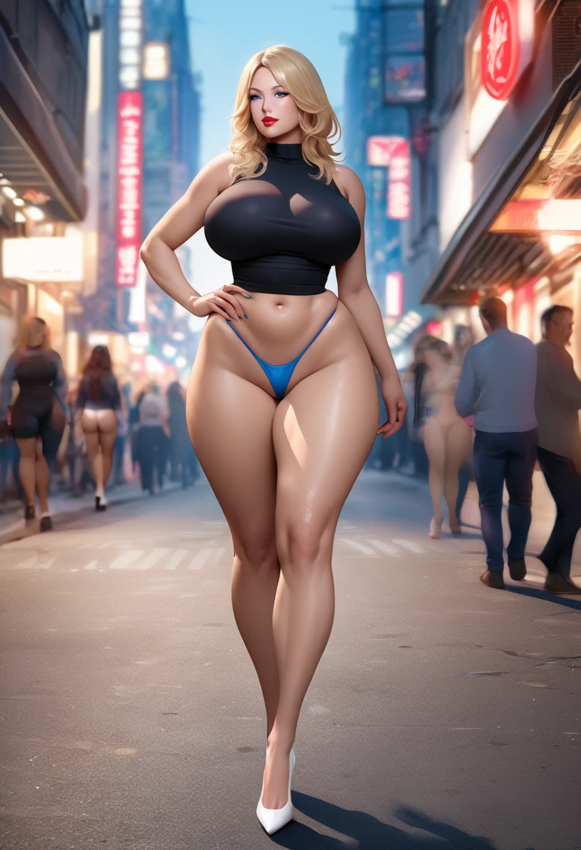 high resolution, hentai image of a mature woman, with composition focused on her butt and legs, realistic anatomy, big ass, big breasts, thin waist, big hips, big ass, sensual legs, sensual feet, short blonde hair, blue eyes, red lips, wearing a sensual blue thong and white heels, walking down the street showing her breasts and legs, emphasizing her hips, on a busy street, good lighting.