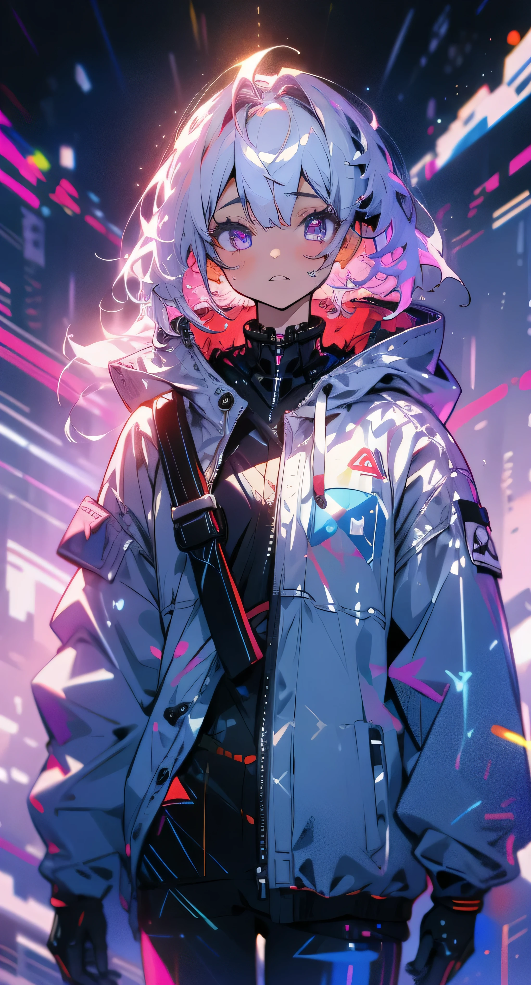 (best quality,4k,8k,highres,masterpiece:1.2), ultra-detailed, (realistic,photorealistic,photo-realistic:1.37), portrait, man, sad expression, purple glowing radiant eyes, white hair, cyberpunk hoodie and pants, neon colors, dramatic lighting, smoke, futuristic cityscape