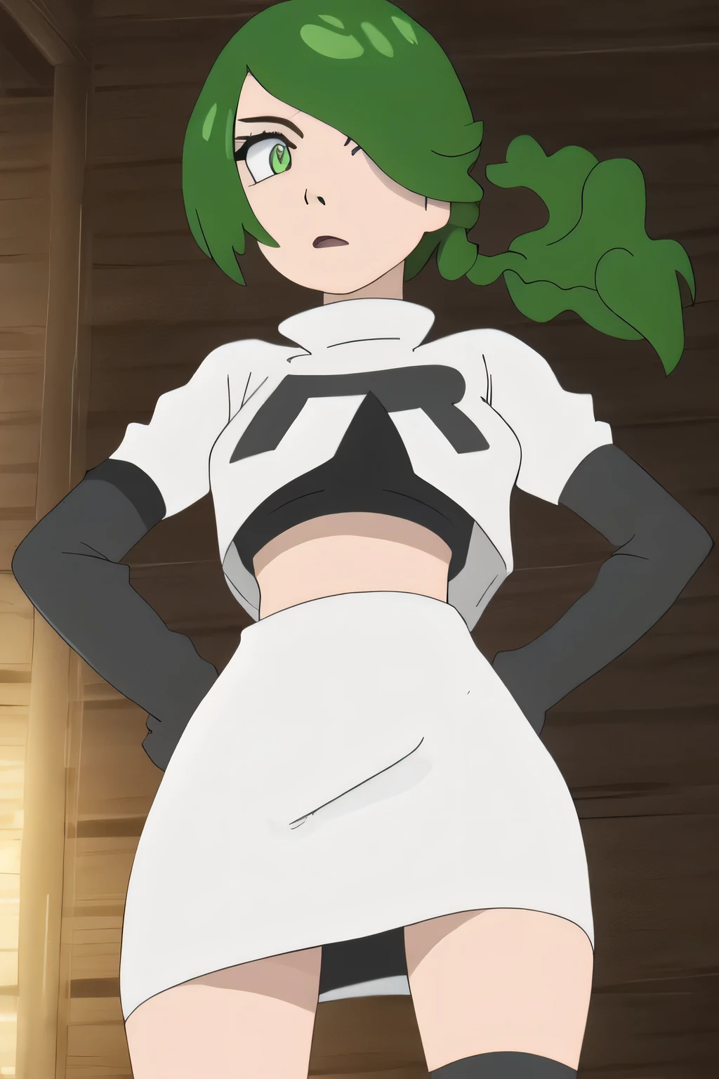 8k, masterpiece,highres,team rocket uniform, red letter r, white skirt,white crop top,black thigh-high boots, black elbow gloves, glaring angrily, looking down at viewer, hands on hips, cowboy shot, zettai ryouiki,from below, black panties,anime style, vivid colors, sharp focus, intense lighting,(masterpiece), best quality, high resolution, extremely detailed, detailed background, perfect lighting,ubel, medium hair, hair between eyes, green hair, side ponytail, (purple eyes:1.1), joyful eyes, cute pose, BREAK indoors, hot springs, BREAK looking at viewer, (cowboy shot:1.5), BREAK, (masterpiece:1.2), best quality, high resolution, unity 8k wallpaper, (illustration:0.8), (beautiful detailed eyes:1.6), extremely detailed face, perfect lighting, extremely detailed CG, (perfect hands, perfect anatomy)