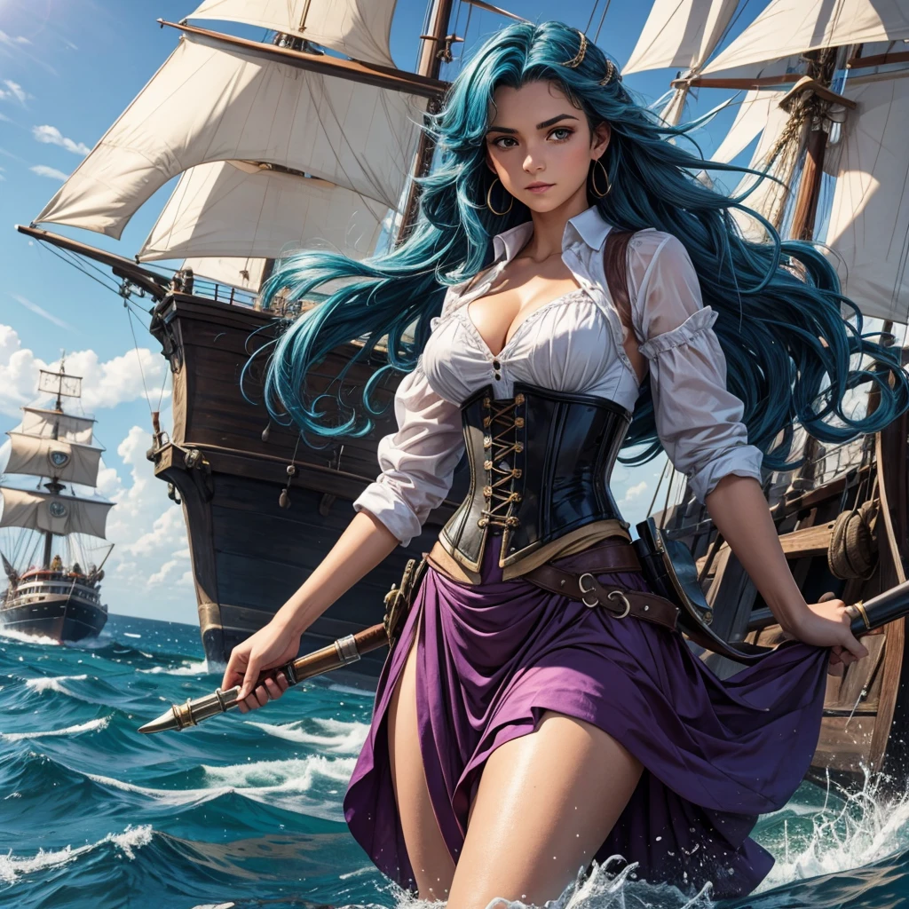 a -yeld gi good person, olive skin, long very curly brown with blue highlighted hair, hair extremely curly, purple eyes, ocean power, water manipulation, kind, fully dressed, completely dressed, shirt on, no muscles, pretty, holding pistol, on pirate ship, crew around her, pirate princess, long puffy dress, corset, loaded cannons on ship