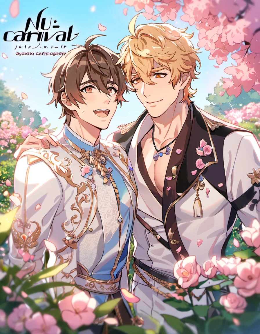 absurdres, highres, ultra detailed, HDR, masterpiece, Quincy, blond messy short hair, hair between the eyes, expressive orange eyes, Nu Carnival, Eiden, brown short hair, expressive brown eyes, designed with decorations such as pink leaves, blossoms and birds, 2men together, gay couple, handsome, garden, petals, black and white fantasy clothes