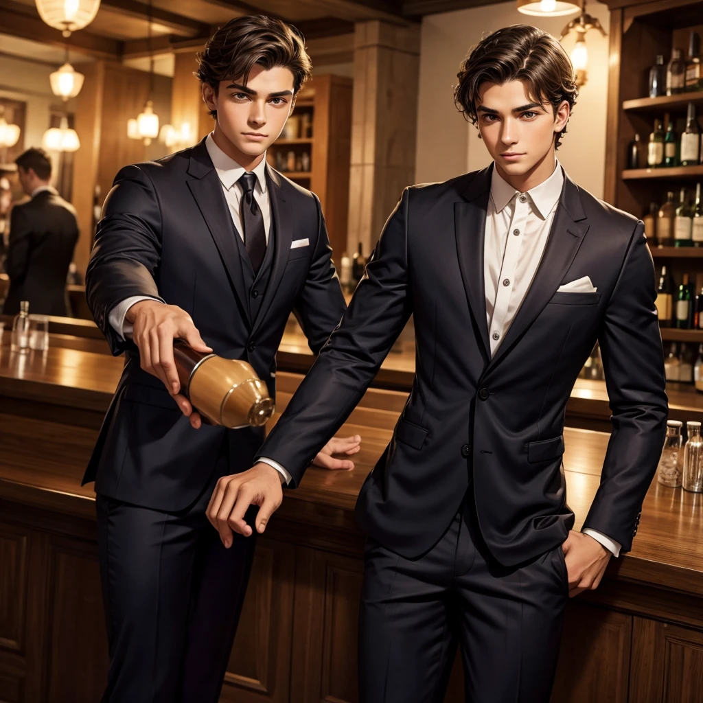 a -yeld bogood person, tan short black wavy hair, Hazel eyes, bartender, suit, formal clothes, fully dressed, shirt on, with muscles, attractive, medieval, flirty