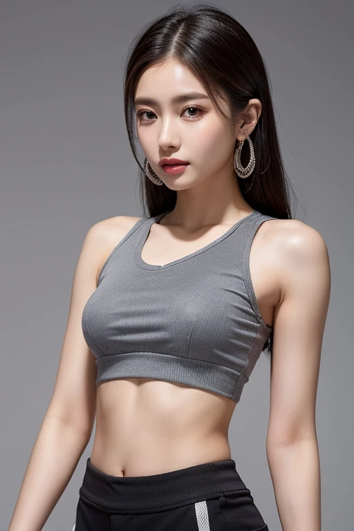 a beautiful lady, 22 year, attractive, pretty, good looking, excellent , superb ,  wearing crop top with high-waisted shorts, earrings  , 8k, intricately detailed, UHD, facing front , frontal to camera , midshot , grayish weardrobe 