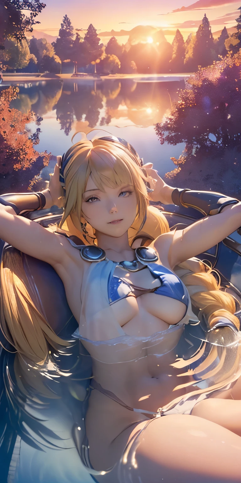 (masterpiece, best quality:1.3), Sophitia Alexandra, Soul Calibur, (upper body:1.5), anime, 28 years old, look at viewer, gold hair, braid hair, (there is a beautiful sunset with a lake and trees in the background, colorful skies, surreal colors, colorful sunset, colorful sky, marvellous reflection of the sky:1.2), (she is bathing:1.5),