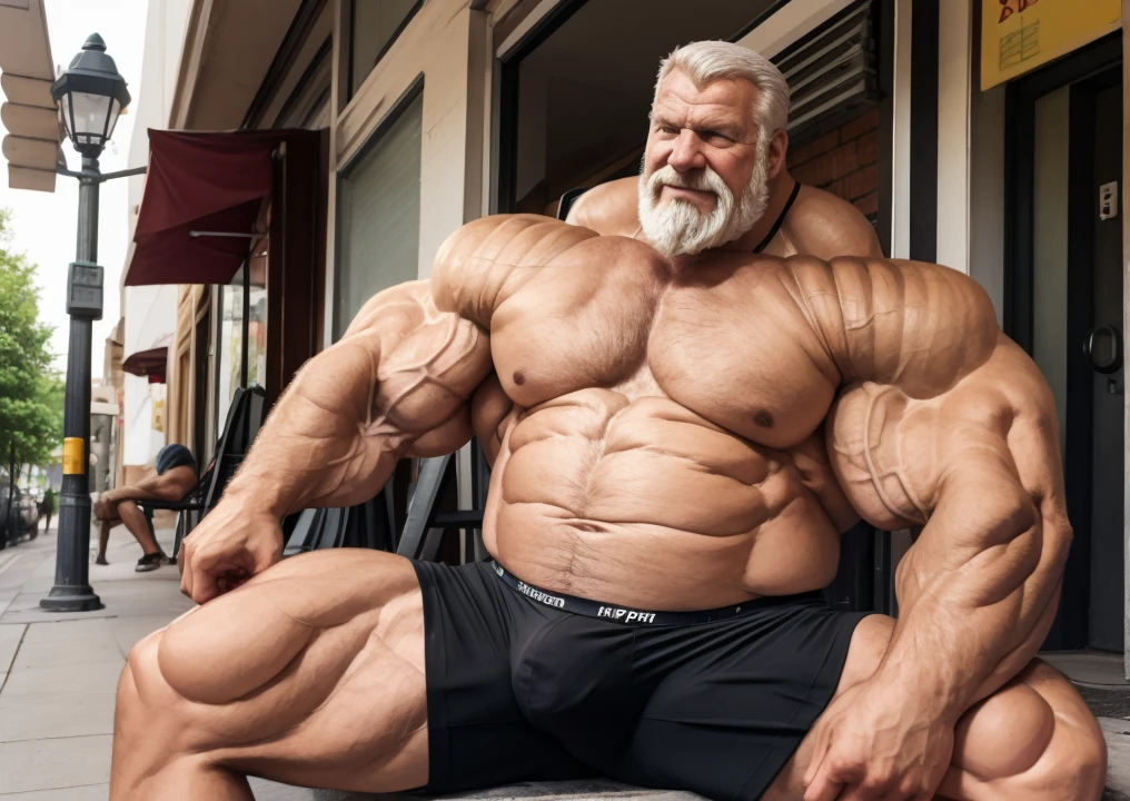 Wide medium shots, ground level camera shot, ,((hyper muscular)) old man sitting in sidewalk, black underpants , hyper muscle, hyper pectoral, hyper bicep, hyper arms, bulge, white and short hair, super thick arms, super big pectoral, super wide pectoral, topless, shirtless.