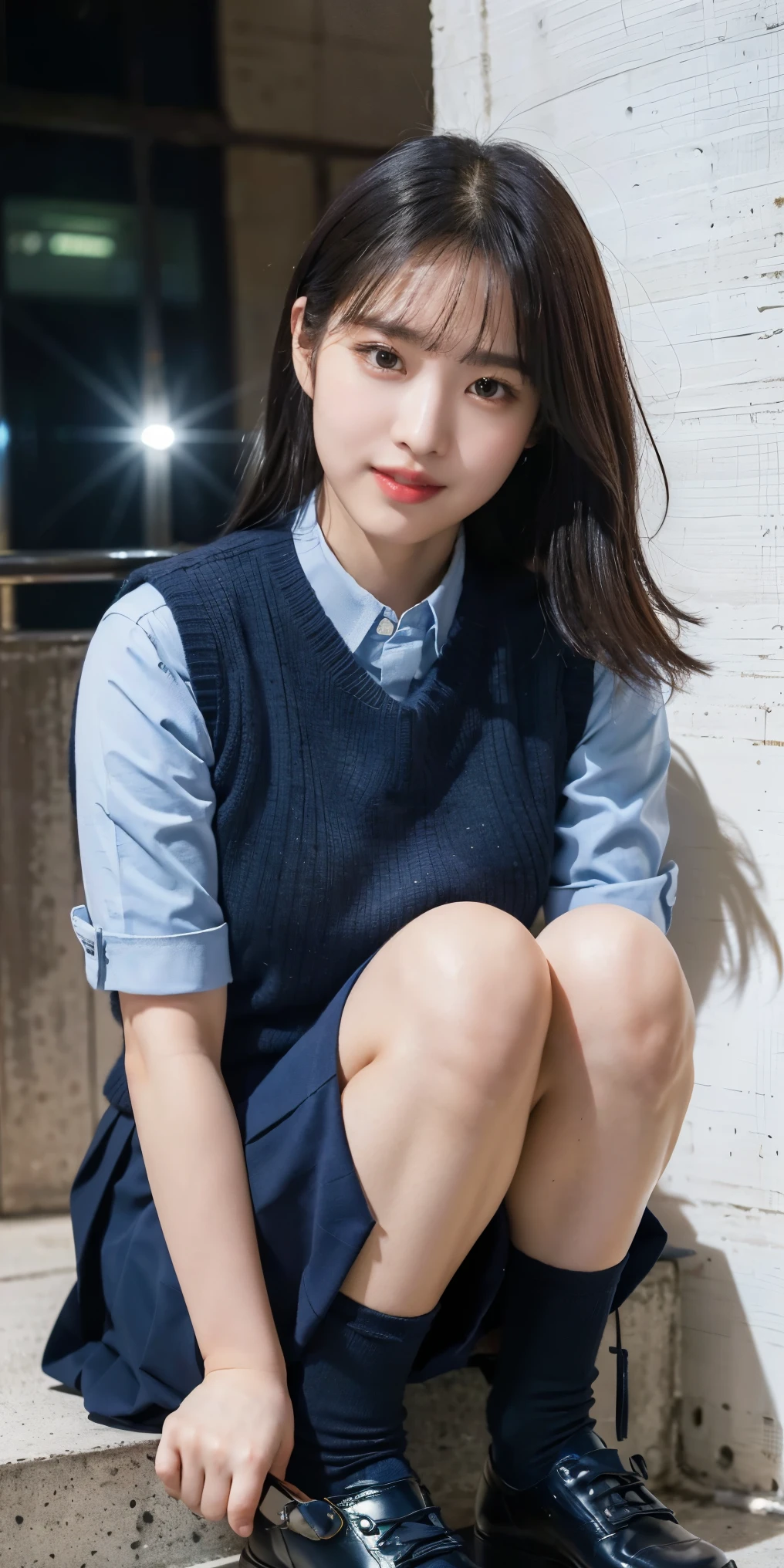 (8K), (highest quality: 1.2), (realistic), (realistic: 1.37), ultra high resolution, (1 girl),(whole body:1.3), cute, smile, closed mouth, thick lips,red lip,beautiful details, beautiful nose, (straight black hair), Giant Dulcefo,(school uniform),(Oversized light blue shirt:1.2),(Large navy blue knit vest:1.2),(Grey pleated super ultra micro mini skirt:1.2),in the city at night, (sit:1.2),Carrying a bag,(from below:1.2),(long legs:1.2),(Thigh close up 1.2),(knees),(leather shoes:1.1)(wet and shiny skin),