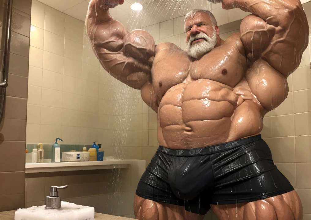 Wide medium shots, ground level camera shot, ,((hyper muscular)) old man bathing in bathroom, showered, wet, soap, bubble, black underpants , hyper muscle, hyper pectoral, hyper bicep, hyper arms, bulge, white and short hair, super thick arms, super big pectoral, super wide pectoral, topless, shirtless.