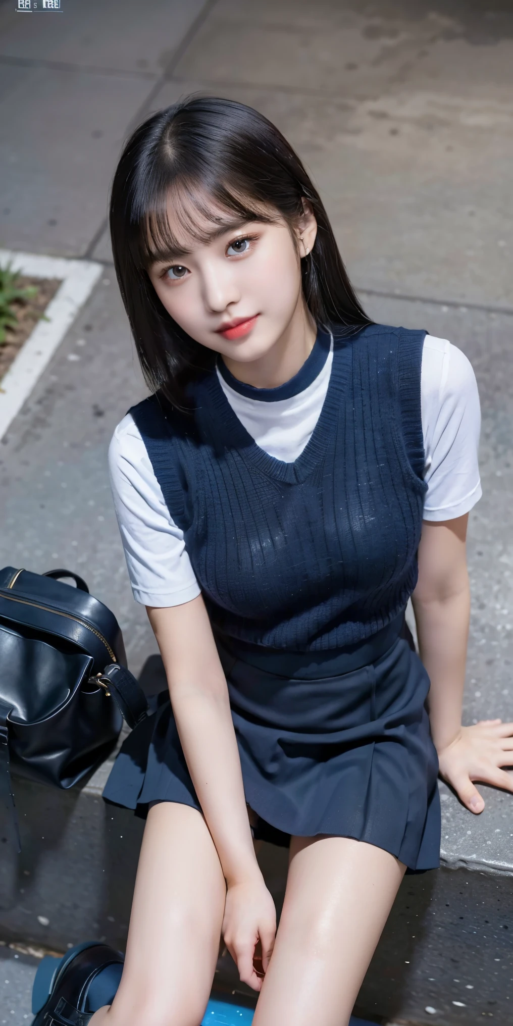 (8K), (highest quality: 1.2), (realistic), (realistic: 1.37), ultra high resolution, (1 girl),(whole body:1.3), cute, smile, closed mouth, thick lips,red lip,beautiful details, beautiful nose, (straight black hair), Giant Dulcefo,(school uniform),(Oversized light blue shirt:1.2),(Large navy blue knit vest:1.2),(Grey pleated super ultra micro mini skirt:1.2),in the city at night, (sit:1.2),Carrying a bag,(from below:1.2),(long legs:1.2),(Thigh close up 1.2),(knees),(leather shoes:1.1)(wet and shiny skin),