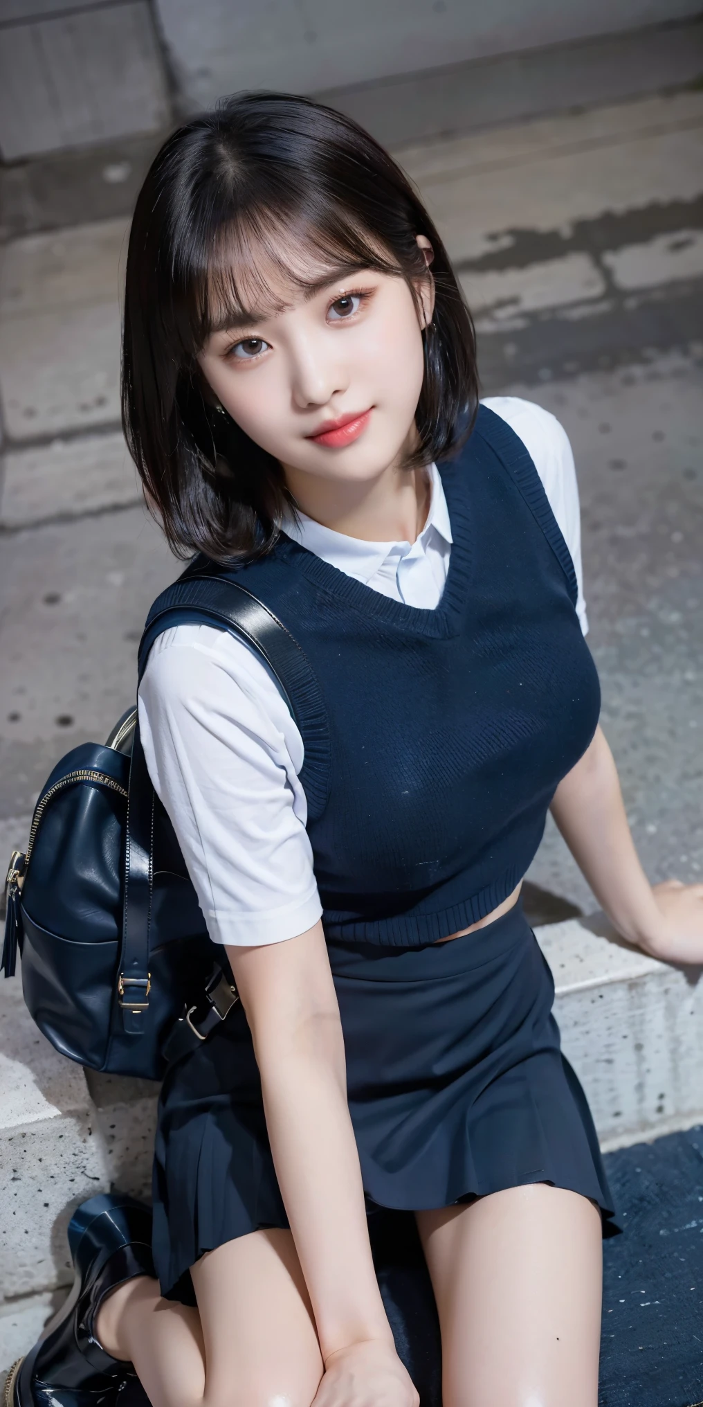 (8K), (highest quality: 1.2), (realistic), (realistic: 1.37), ultra high resolution, (1 girl),(whole body:1.3), cute, smile, closed mouth, thick lips,red lip,beautiful details, beautiful nose, (straight black hair), Giant Dulcefo,(school uniform),(Oversized light blue shirt:1.2),(Large navy blue knit vest:1.2),(Grey pleated super ultra micro mini skirt:1.2),in the city at night, (sit:1.2),Carrying a bag,(From above:1.2),(long legs:1.2),(Thigh close up 1.2),(knees),(leather shoes:1.1)(wet and shiny skin),