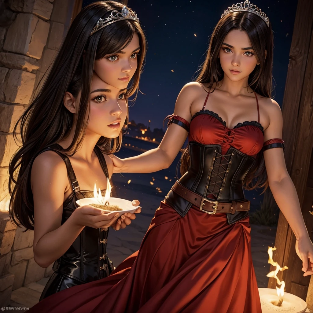 a , good person, tan with olive skin, long dark straight brown hair, red eyes, fire manipulation, kind, black clothes, fully dressed, shirt on, no muscles, pretty, sand manipulation, kind, generous, caring, nice, corset, princess dress, ruby tiara